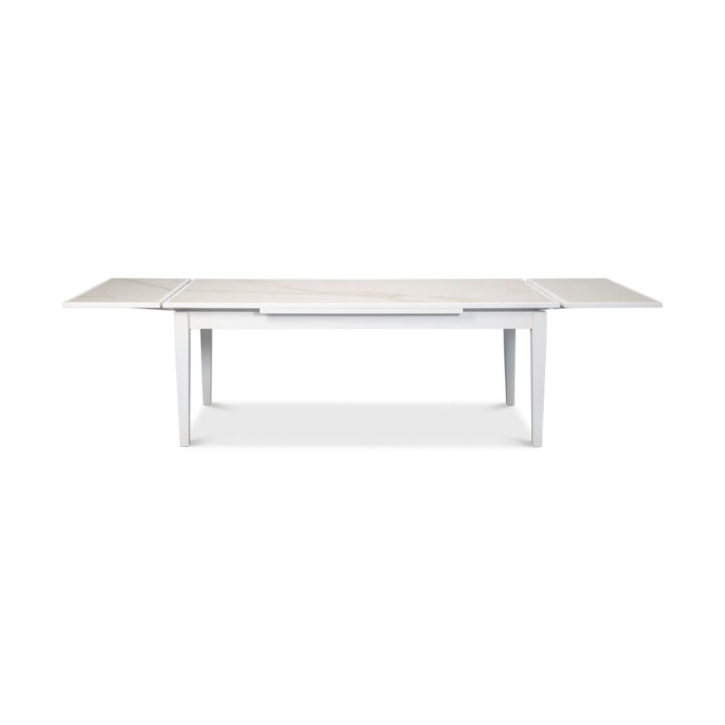 Mid-extension white Italian draw leaf dining table.