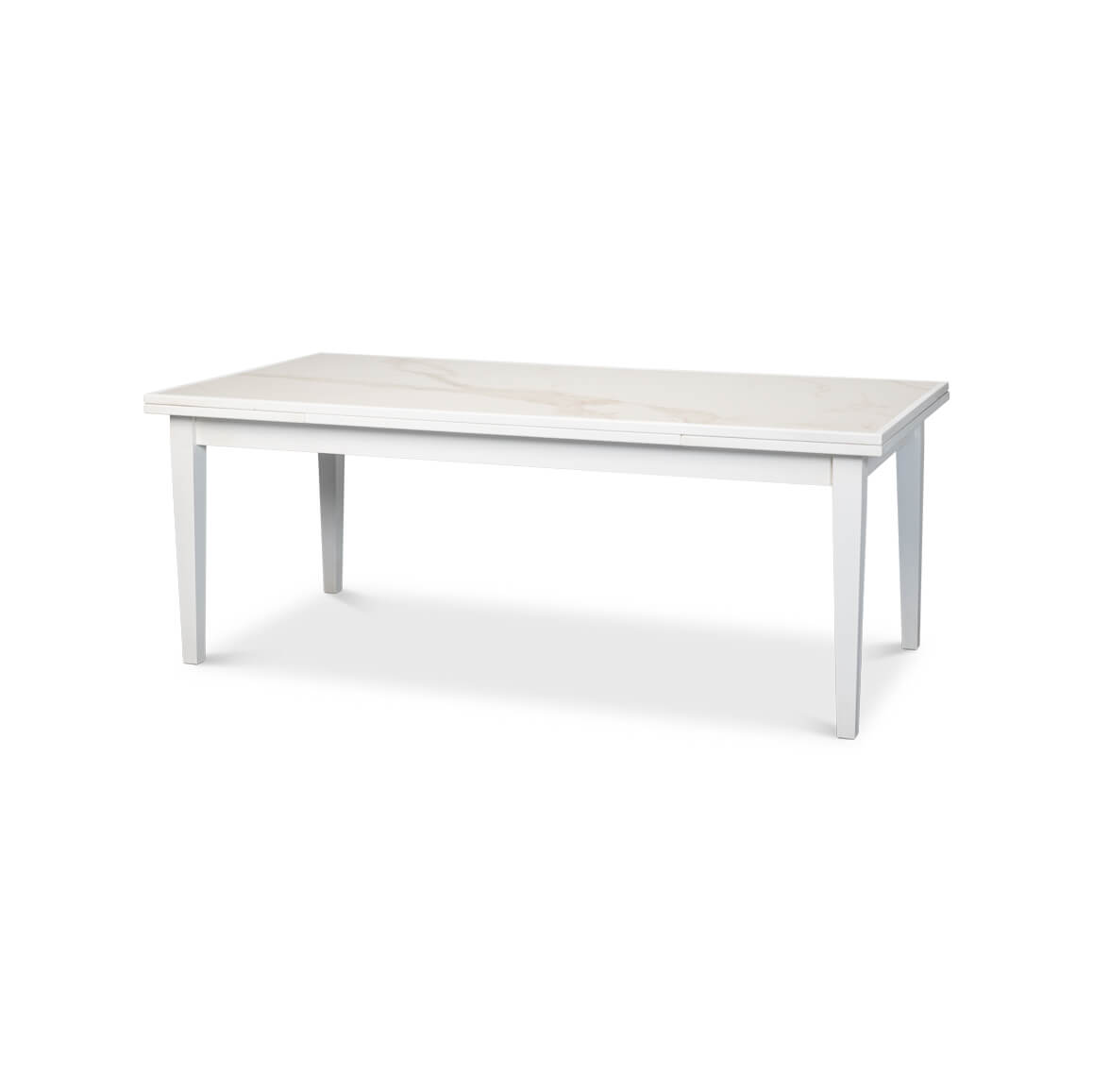 Condensed white Italian draw leaf dining table, angled view.