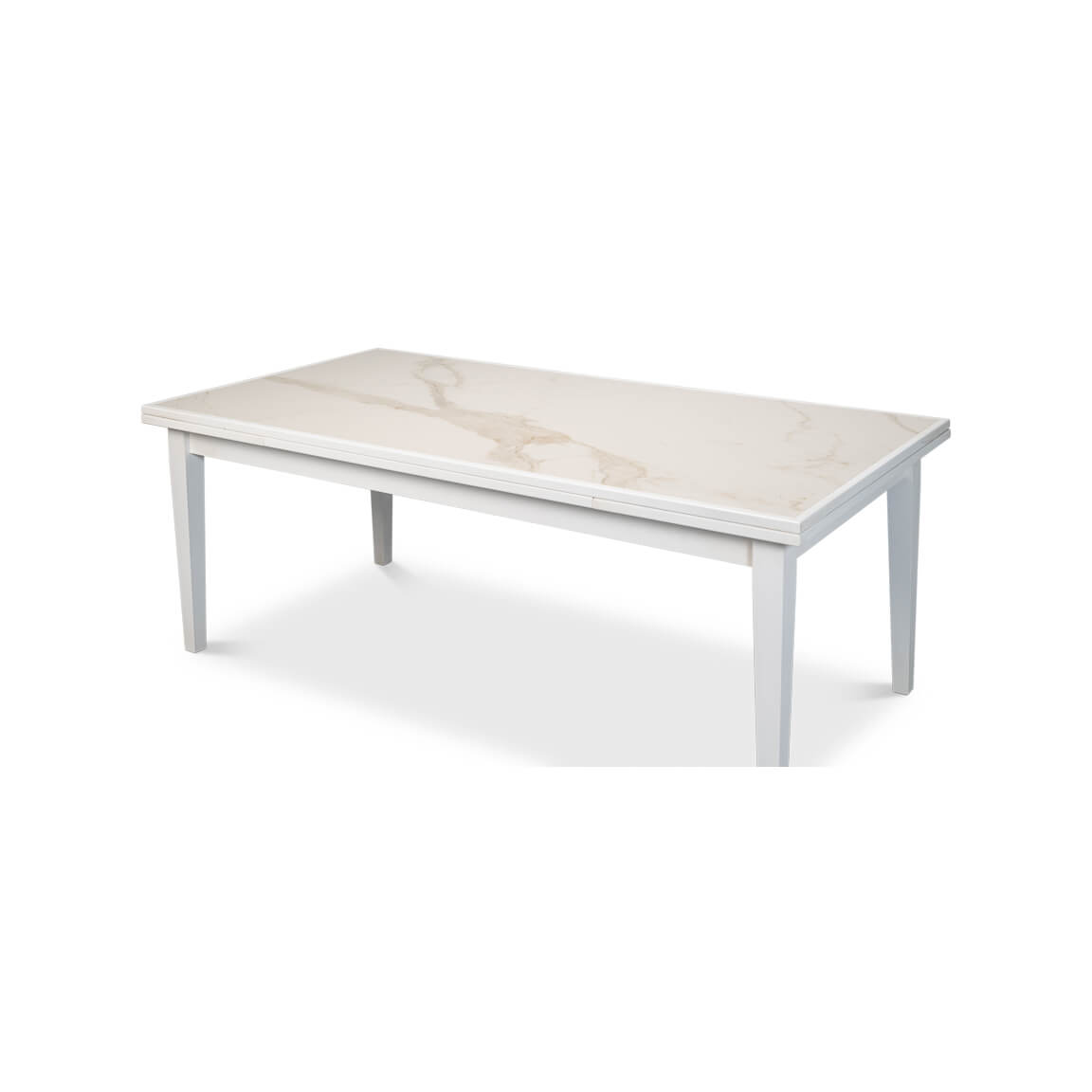 Side angle of condensed white Italian draw leaf table.