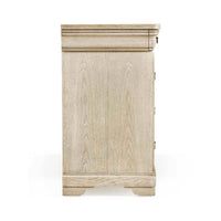 Side view of dresser, showing wood grain and detailing.