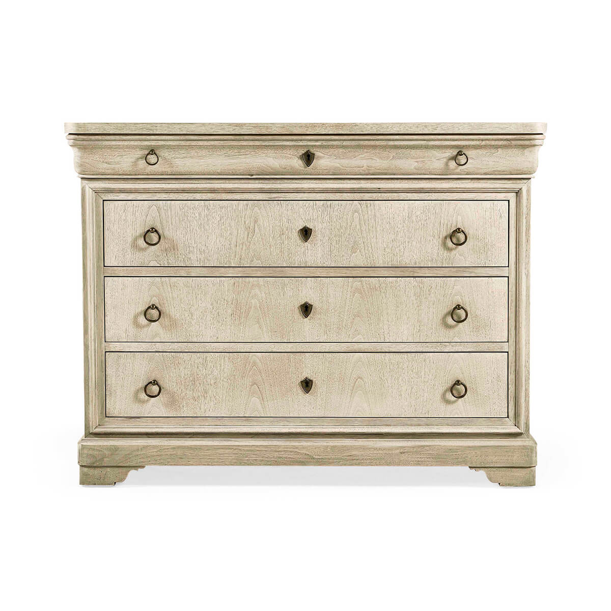 Front view of wooden dresser with four drawers, detailed.