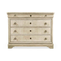 Front view of wooden dresser with four drawers, detailed.