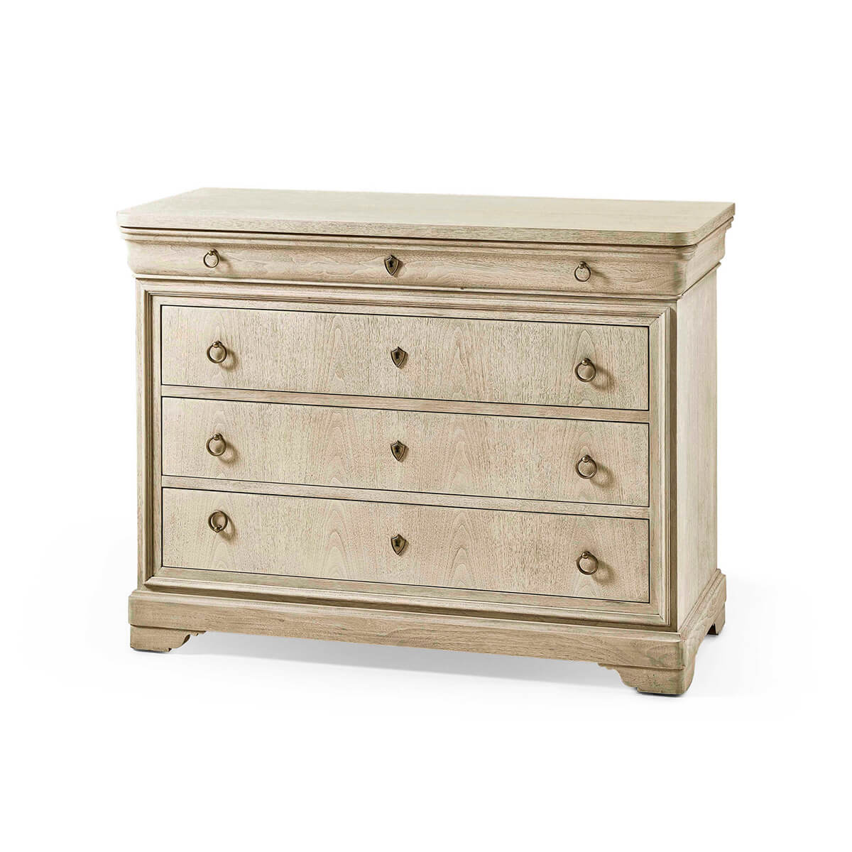 Light wood dresser with four drawers, angled front view.