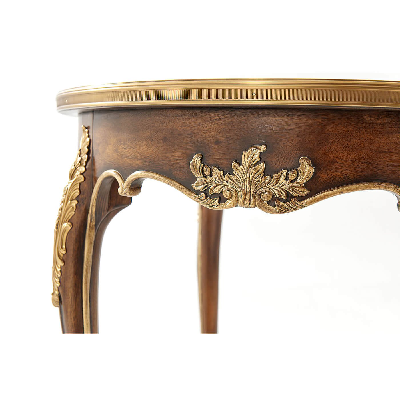 Close-up of Louis XV mahogany side table carving.
