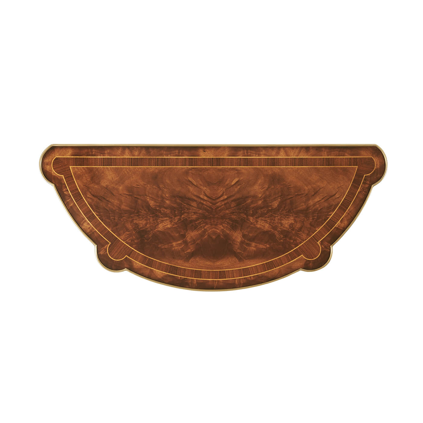 Top view of Louis XV console table, rich wood finish.