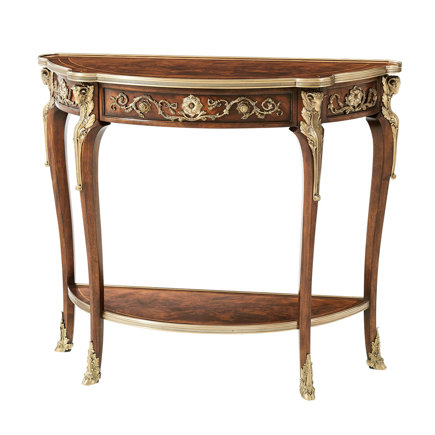 Louis XV console table, ornate wood and metal design.