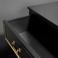 Open drawer of black Louis XVI dresser, interior view.