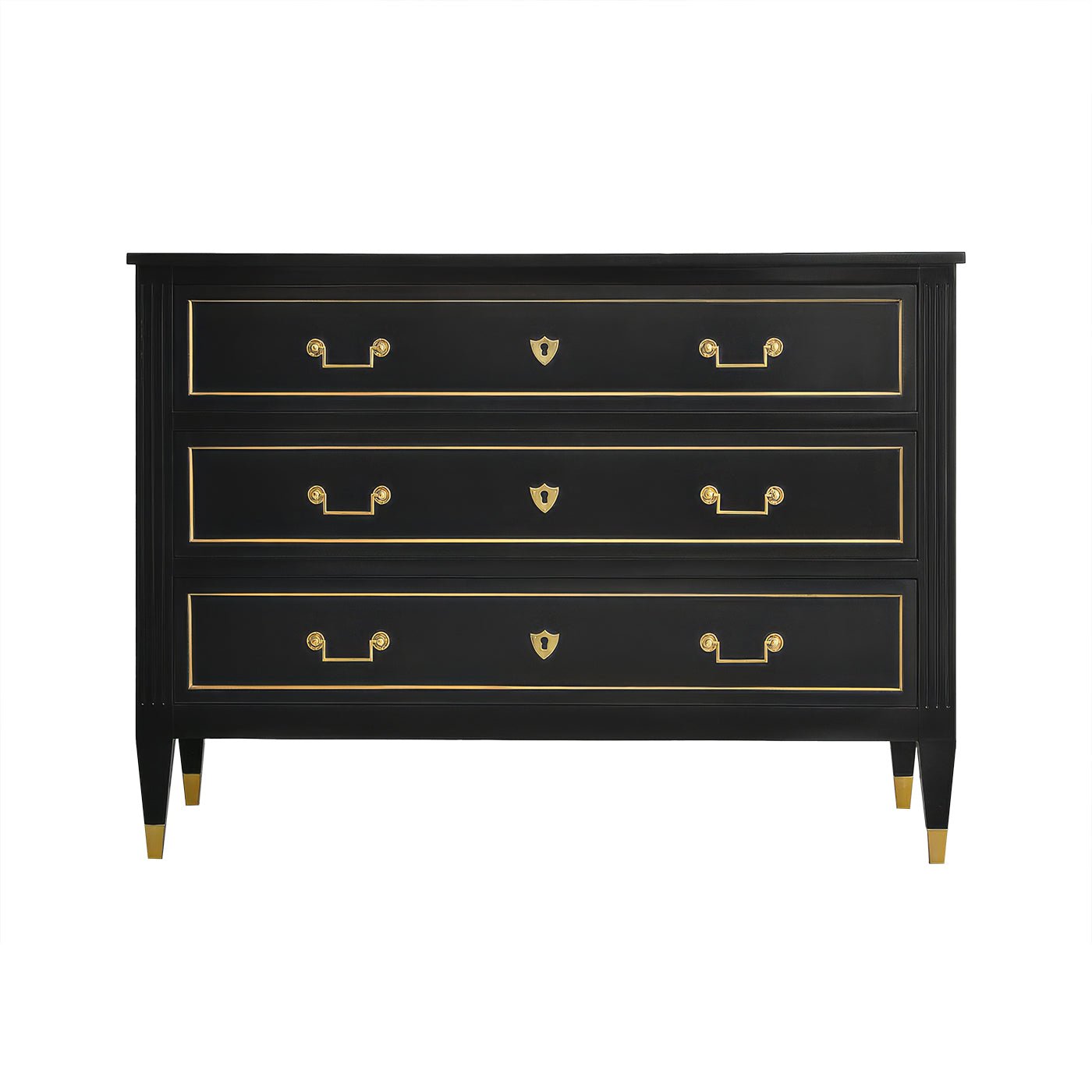 Black Louis XVI dresser with gold handles, front view.