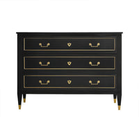 Black Louis XVI dresser with gold handles, front view.