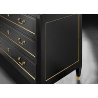 Side view of black Louis XVI dresser, gold accents.