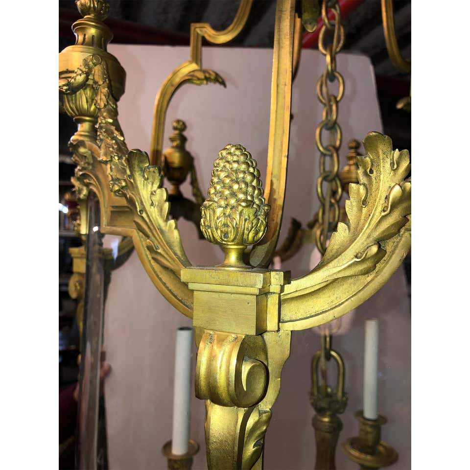 Pinecone detail on Louis XVI bronze hall lantern.