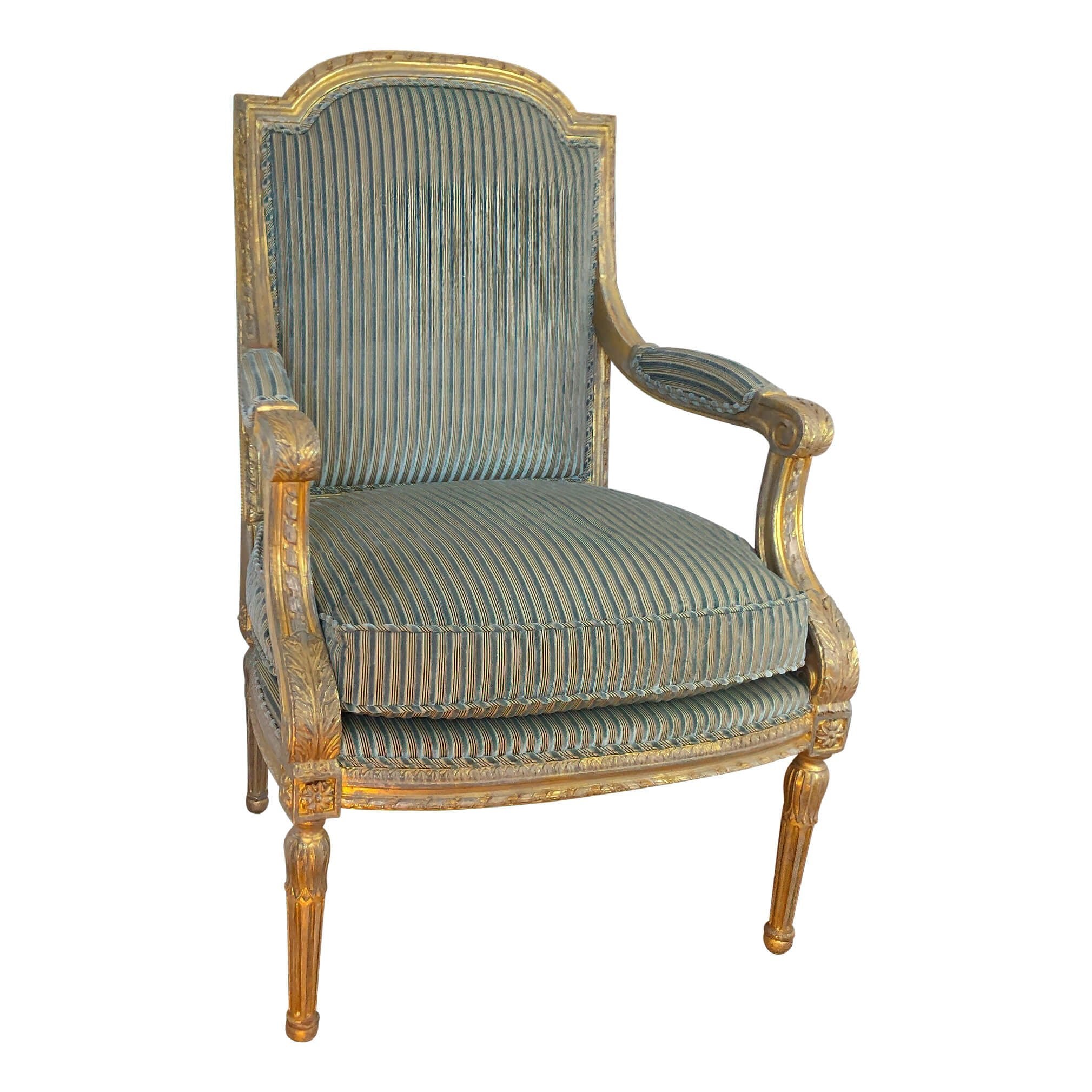 Louis XVI fauteuil, elegant front angle of accent chair.