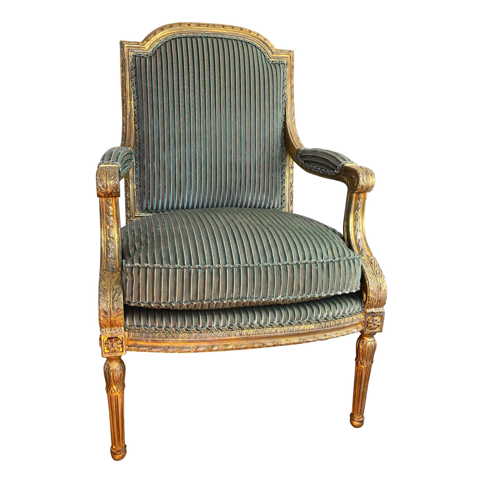 Angled view of Louis XVI carved fauteuil accent chair.