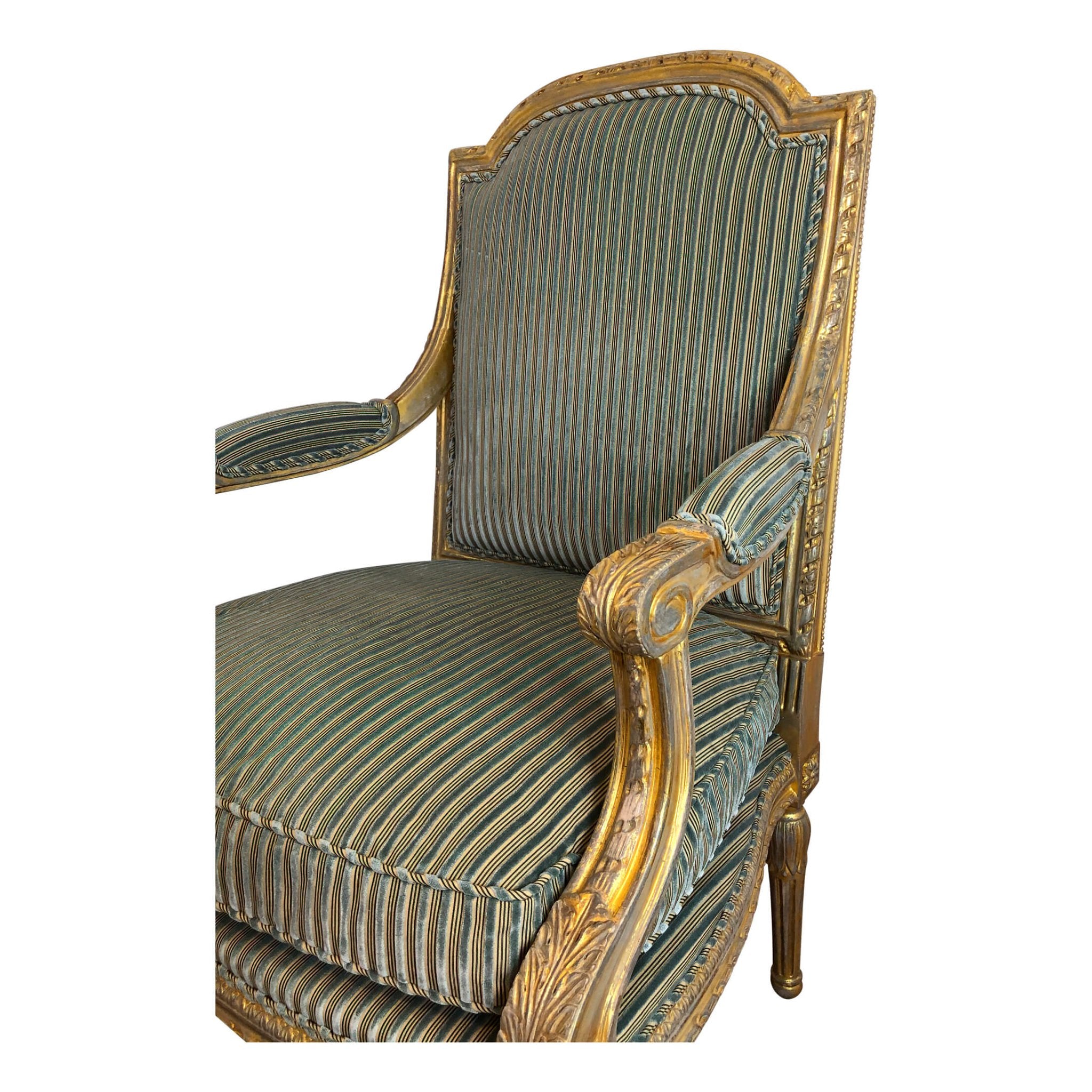 Close-up of Louis XVI chair arm and fabric detail.