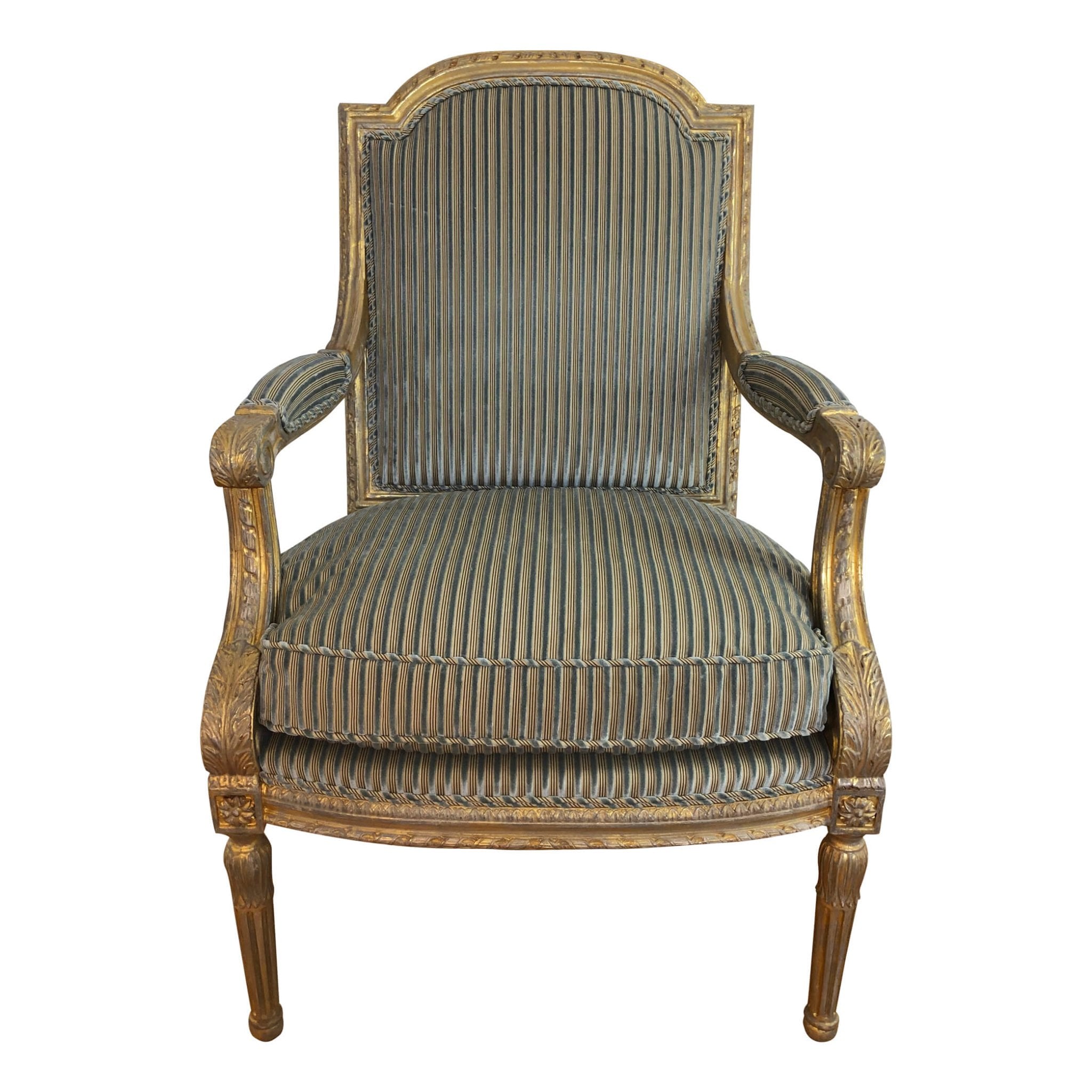 Front view of Louis XVI carved fauteuil accent chair.