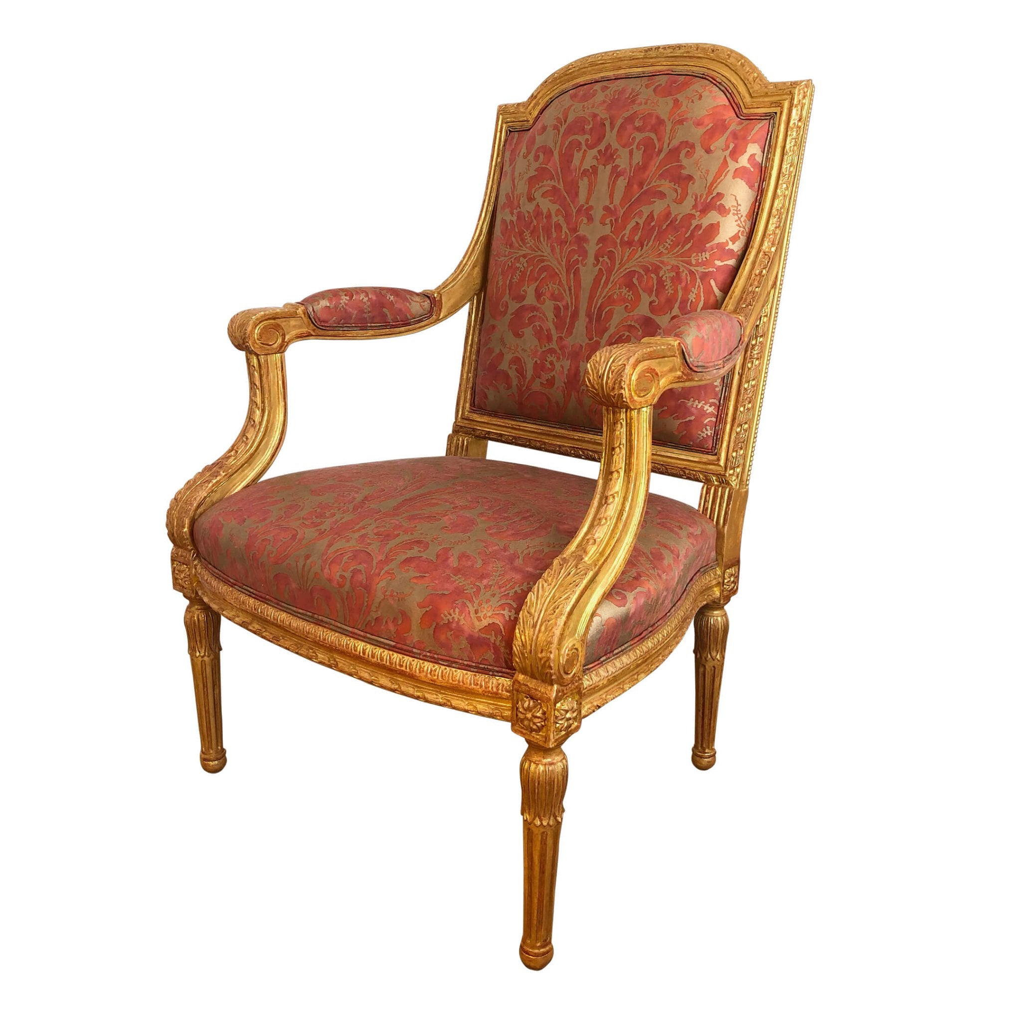 Angled view of Louis XVI giltwood accent chair.