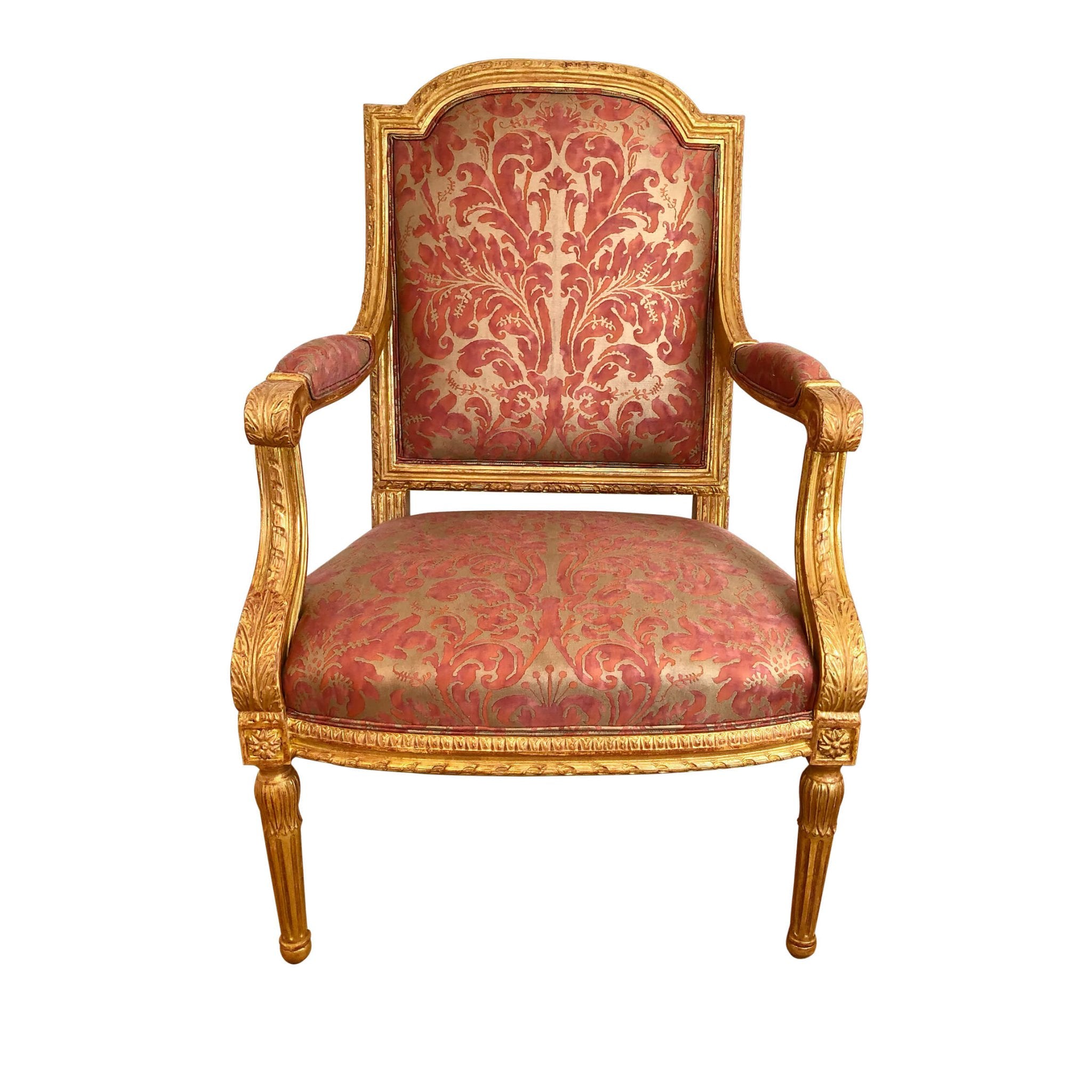 Front view of Louis XVI carved giltwood fauteuil.