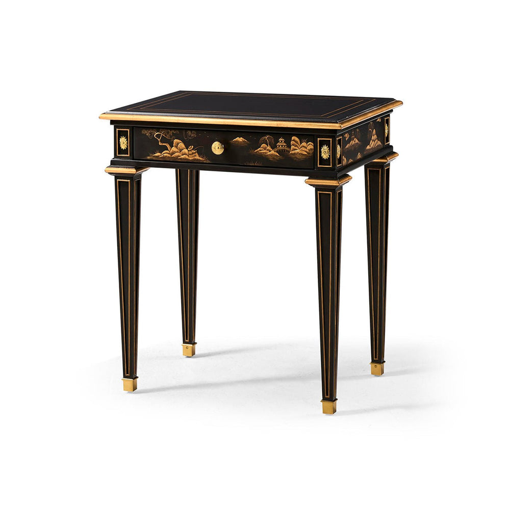 Black Louis XVI Chinoiserie end table front view.