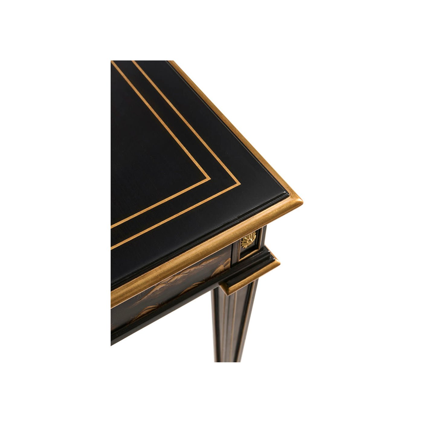 Top corner design on Louis XVI Chinoiserie end table.