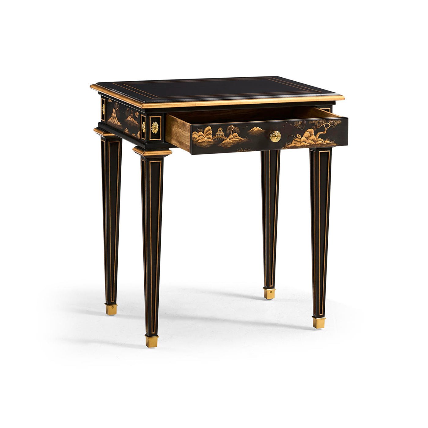 Louis XVI Chinoiserie end table with drawer partially open.