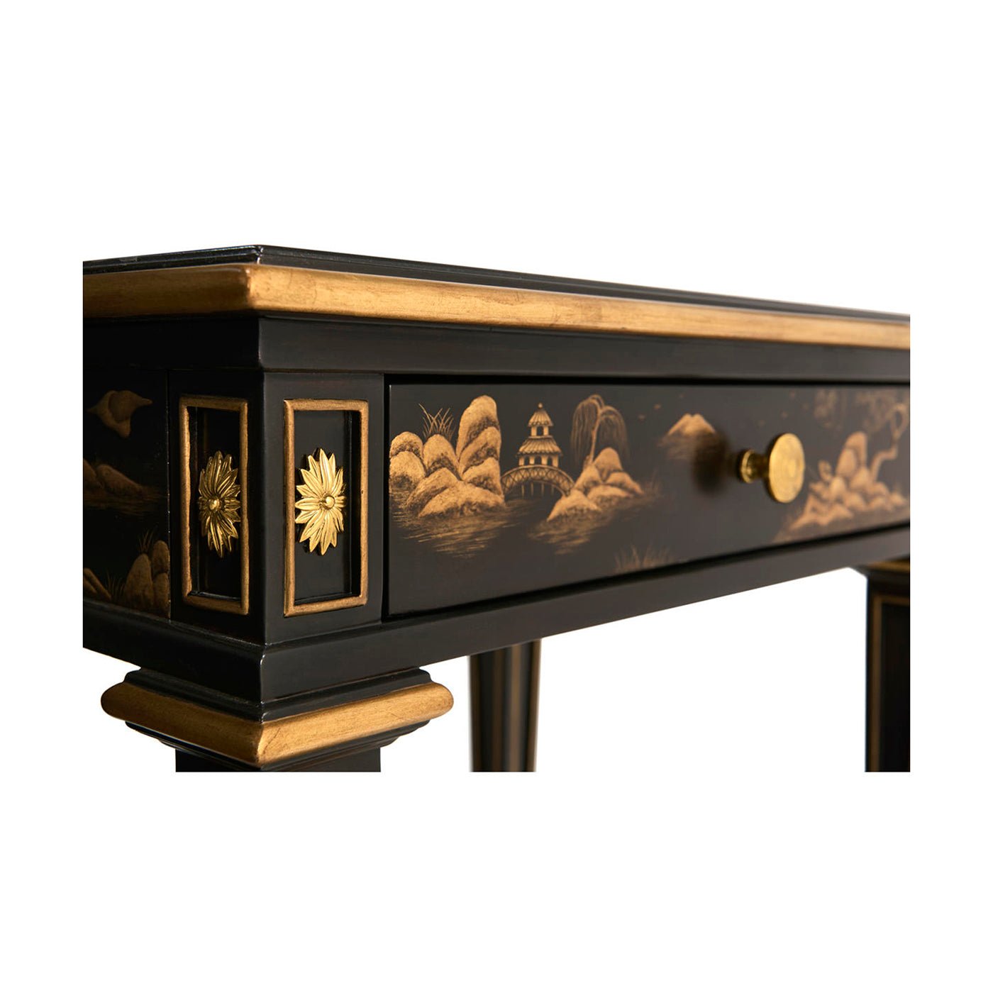 Side detail of Louis XVI Chinoiserie end table drawer.