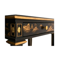 Side detail of Louis XVI Chinoiserie end table drawer.