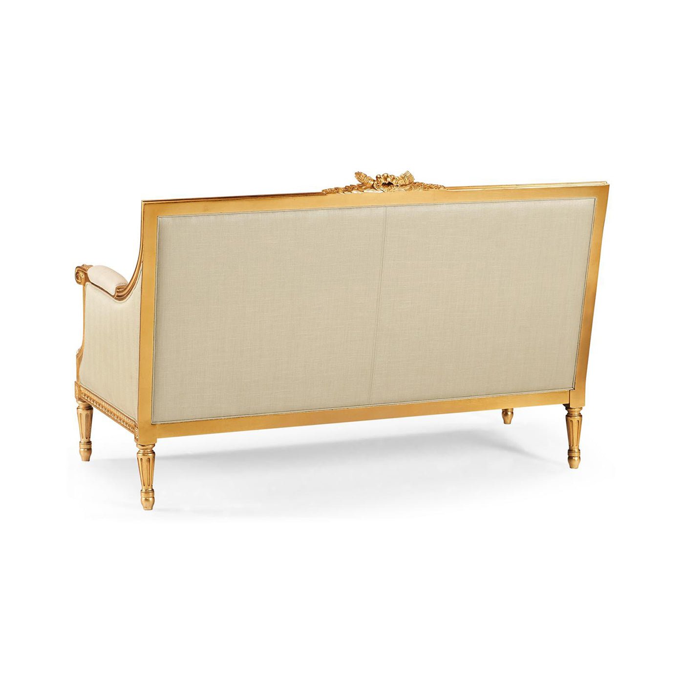 Louis XVI settee, rear view, refined upholstery and gilding.