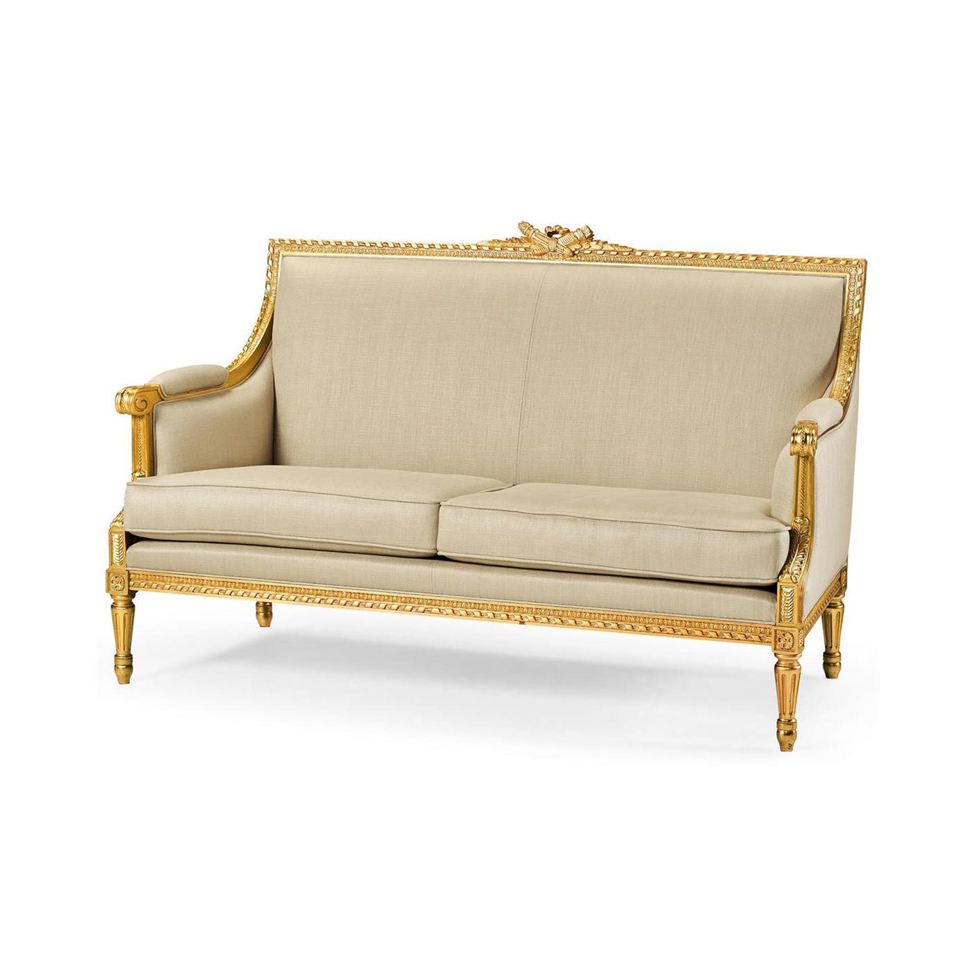 Louis XVI settee, front angle view, elegant giltwood frame.