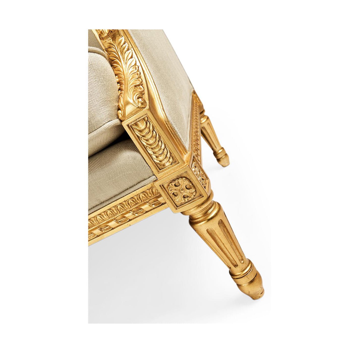 Louis XVI settee, leg close-up, intricate carvings and design.