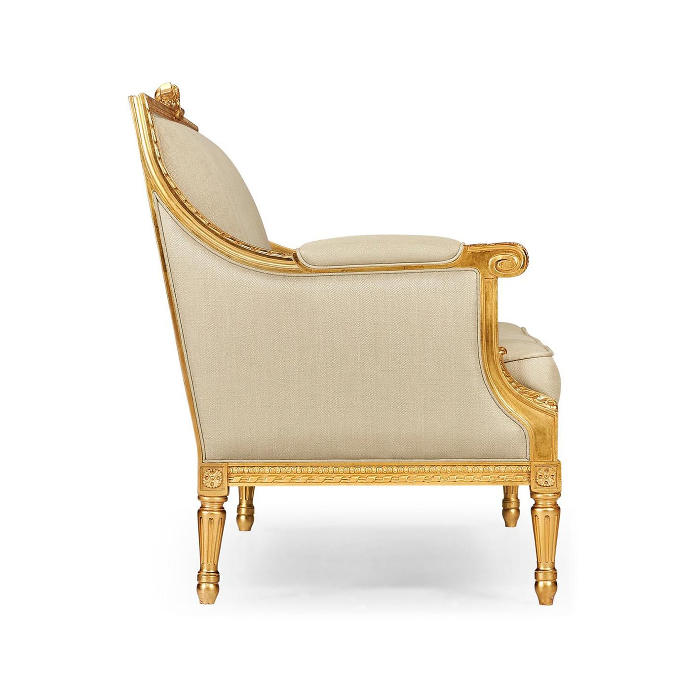 Louis XVI settee, side view, showcasing ornate legs and arm.