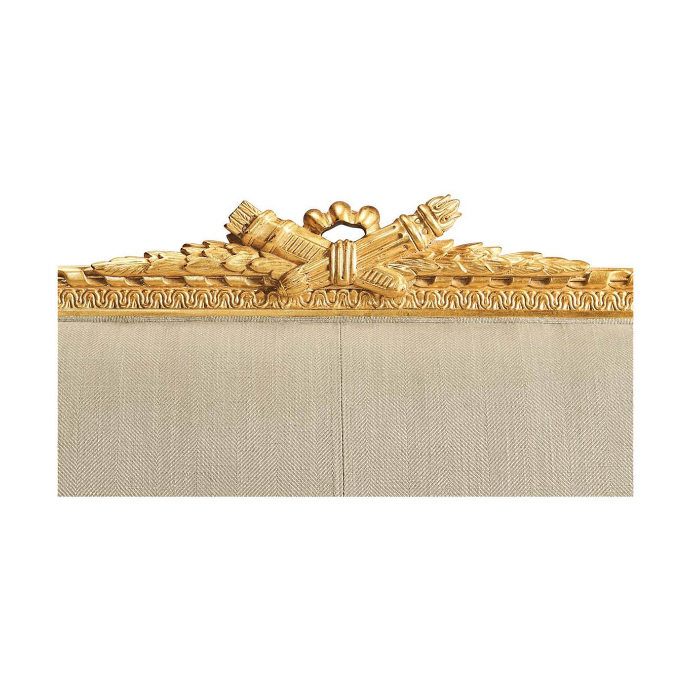 Louis XVI settee, decorative top detail, neoclassical elements.