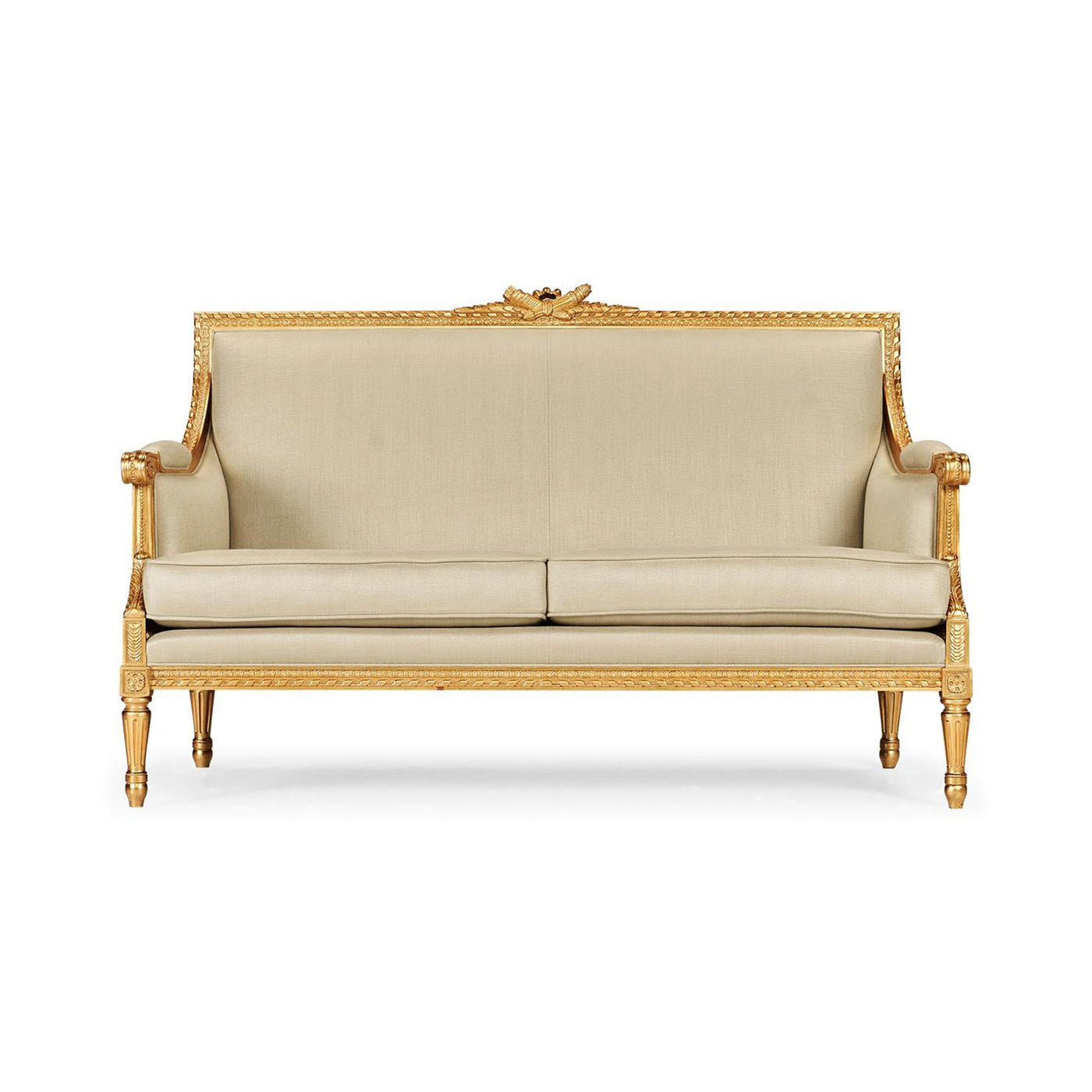 Louis XVI settee, straight front view, intricate neoclassical details.