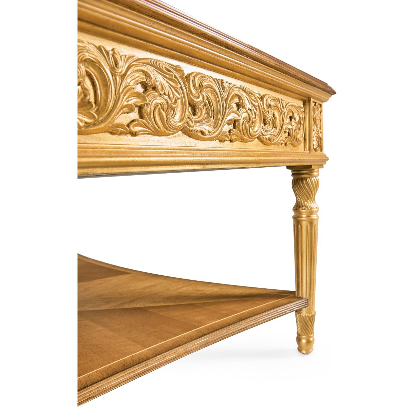 Detailed side view of coffee table carvings and leg.