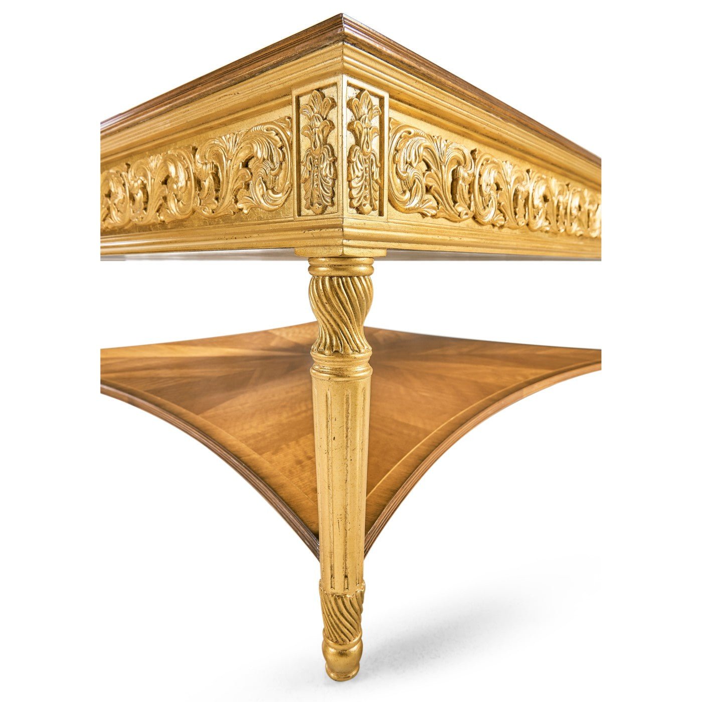 Corner perspective of table showing ornate design features.