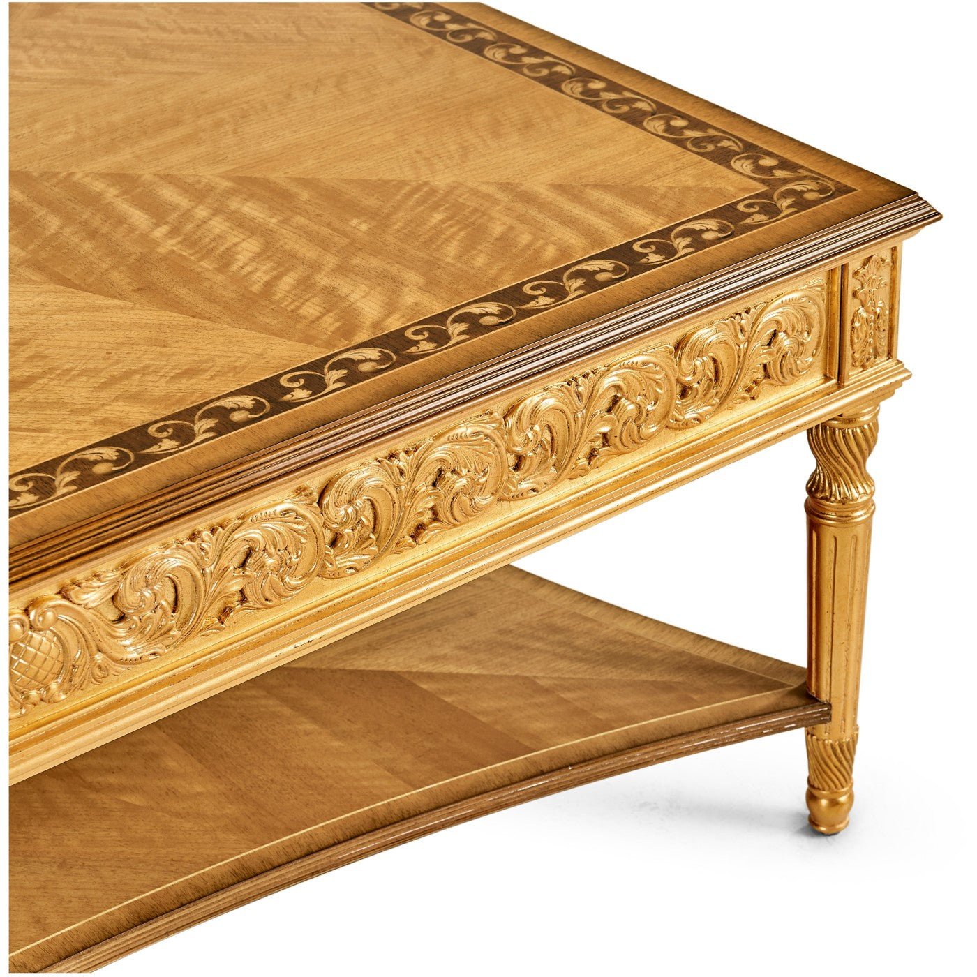 Corner view showing table leg and decorative carvings.