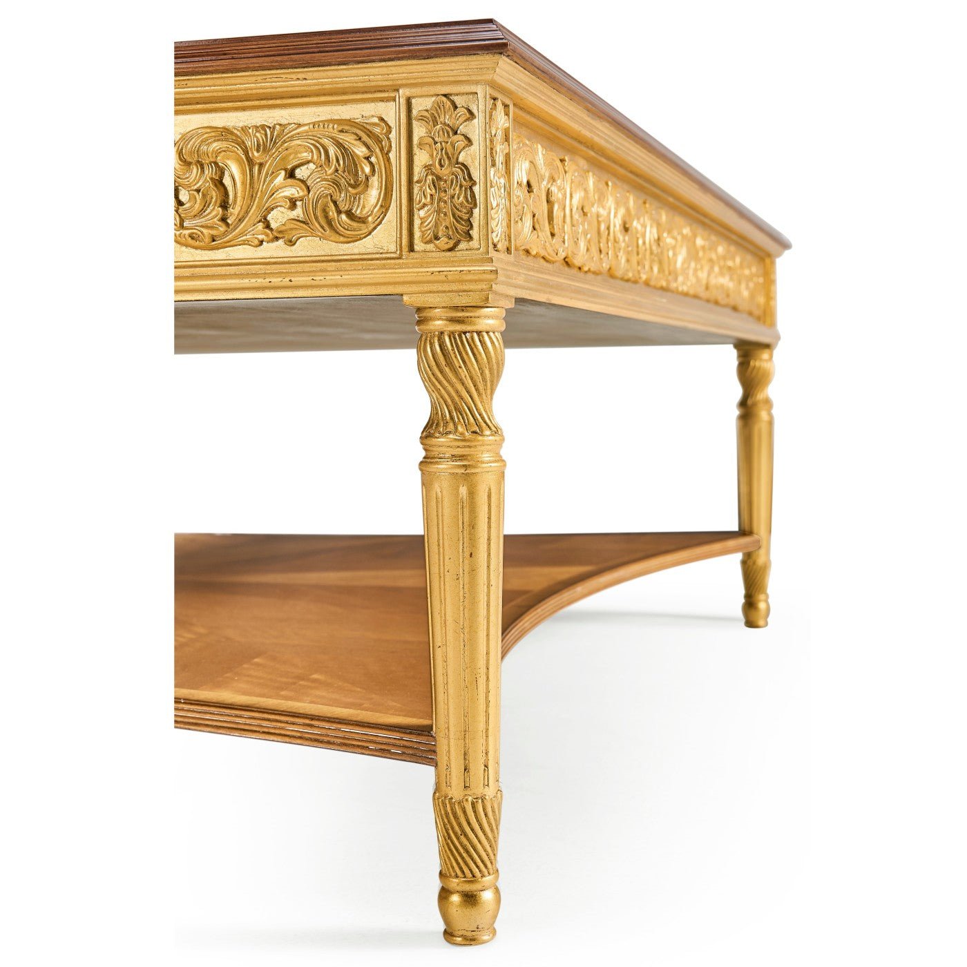 Side angle of decorative table leg and carvings.