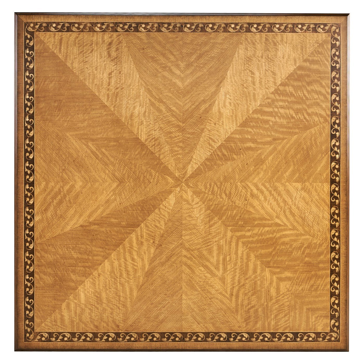 Detailed square tabletop with geometric wood pattern.