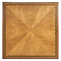 Detailed square tabletop with geometric wood pattern.
