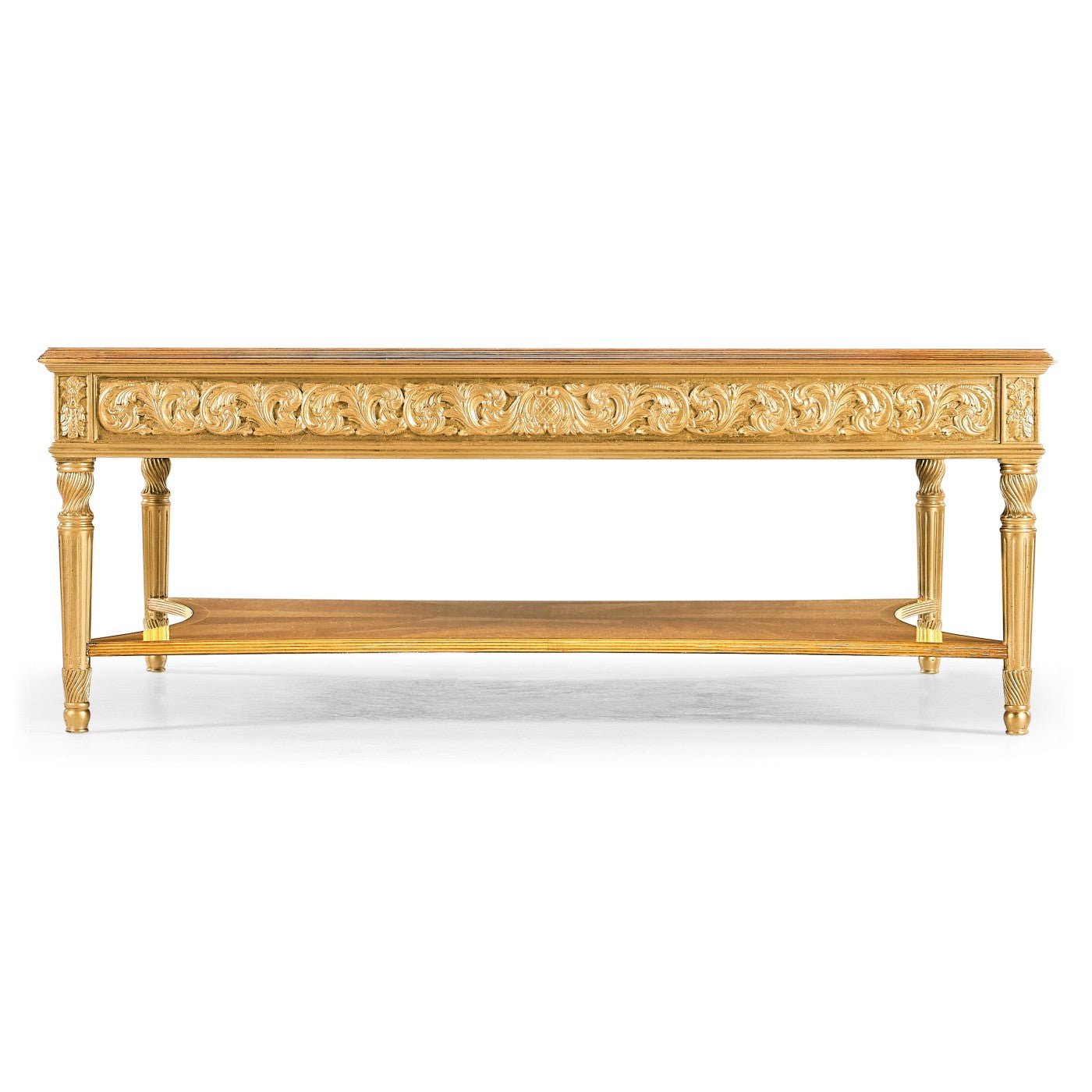Front view of square coffee table with intricate carvings.