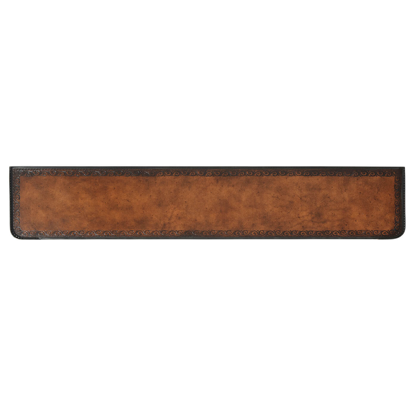 Top view of console table surface with leather detail.