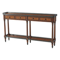Elegant leather console table with drawers, front angle.