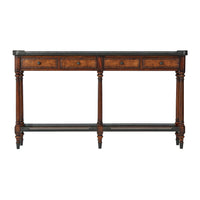 Front view of the leather console table, detailed design.