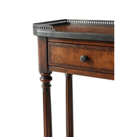 Drawer and railing detail of leather console table.