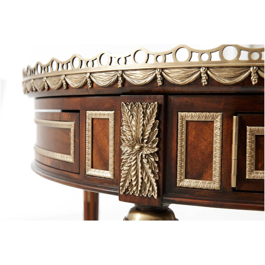 Detailed view of table frame decorations.