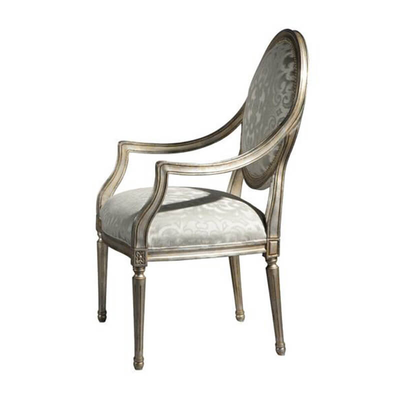 Louis XVI armchair side profile, damask upholstery design.
