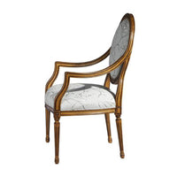 Louis XVI armchair side profile, floral upholstery design.
