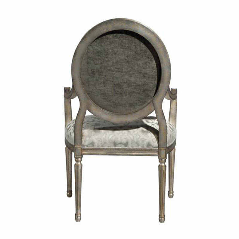 Louis XVI armchair back view, damask upholstery feature.