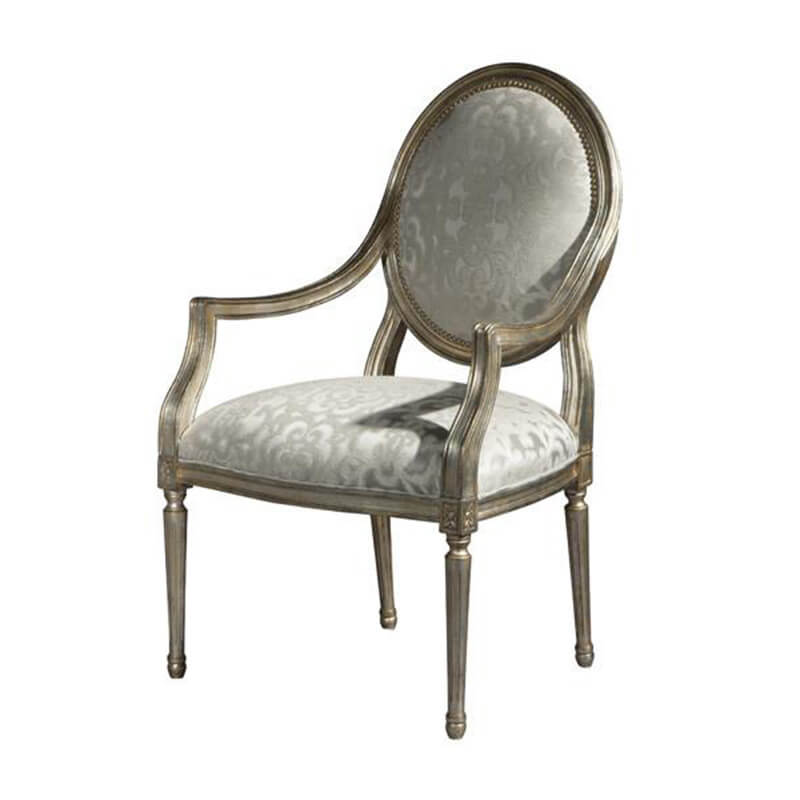 Louis XVI armchair front-right view, damask upholstery.