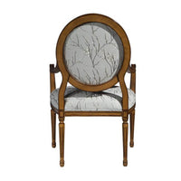 Louis XVI armchair back view, floral upholstery feature.