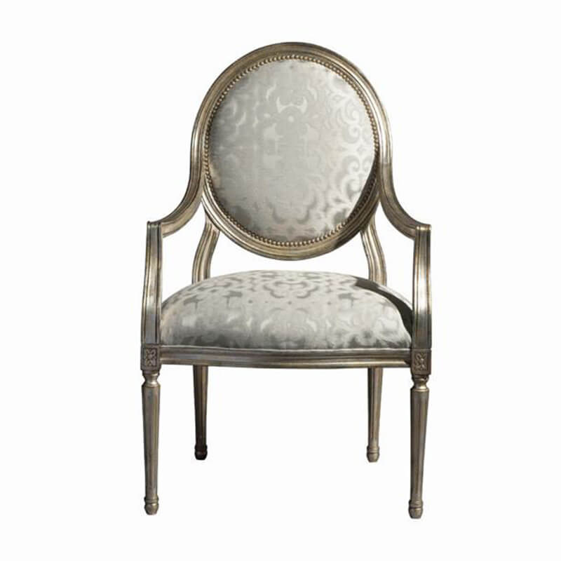 Louis XVI armchair front view, damask upholstery detail.